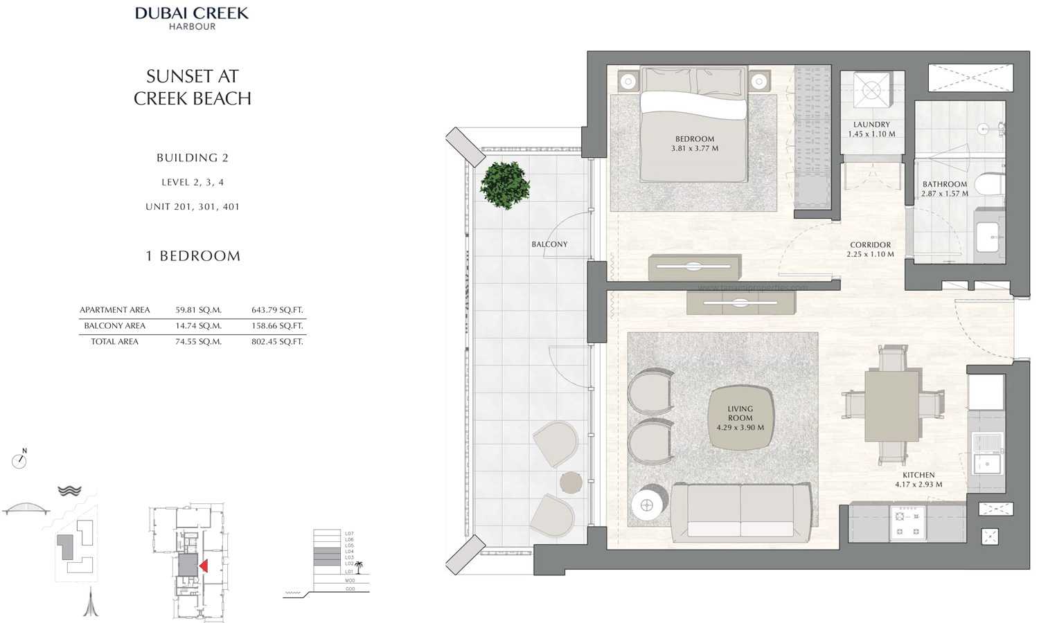 Building 2 - 1 Bedroom Level 2 To 4 Unit 201-301-401, Size 802.45 sq ft